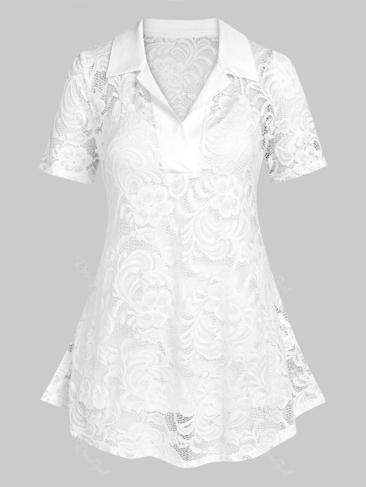 Discount Plus Size Lace Sheer Tunic Blouse with Cami Top Set  
