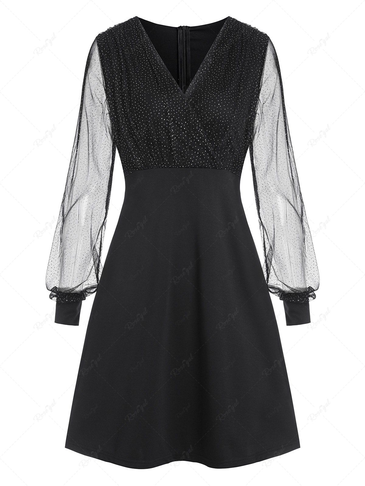 Online Glitter Mesh Insert Sheer Long Sleeve Dress  