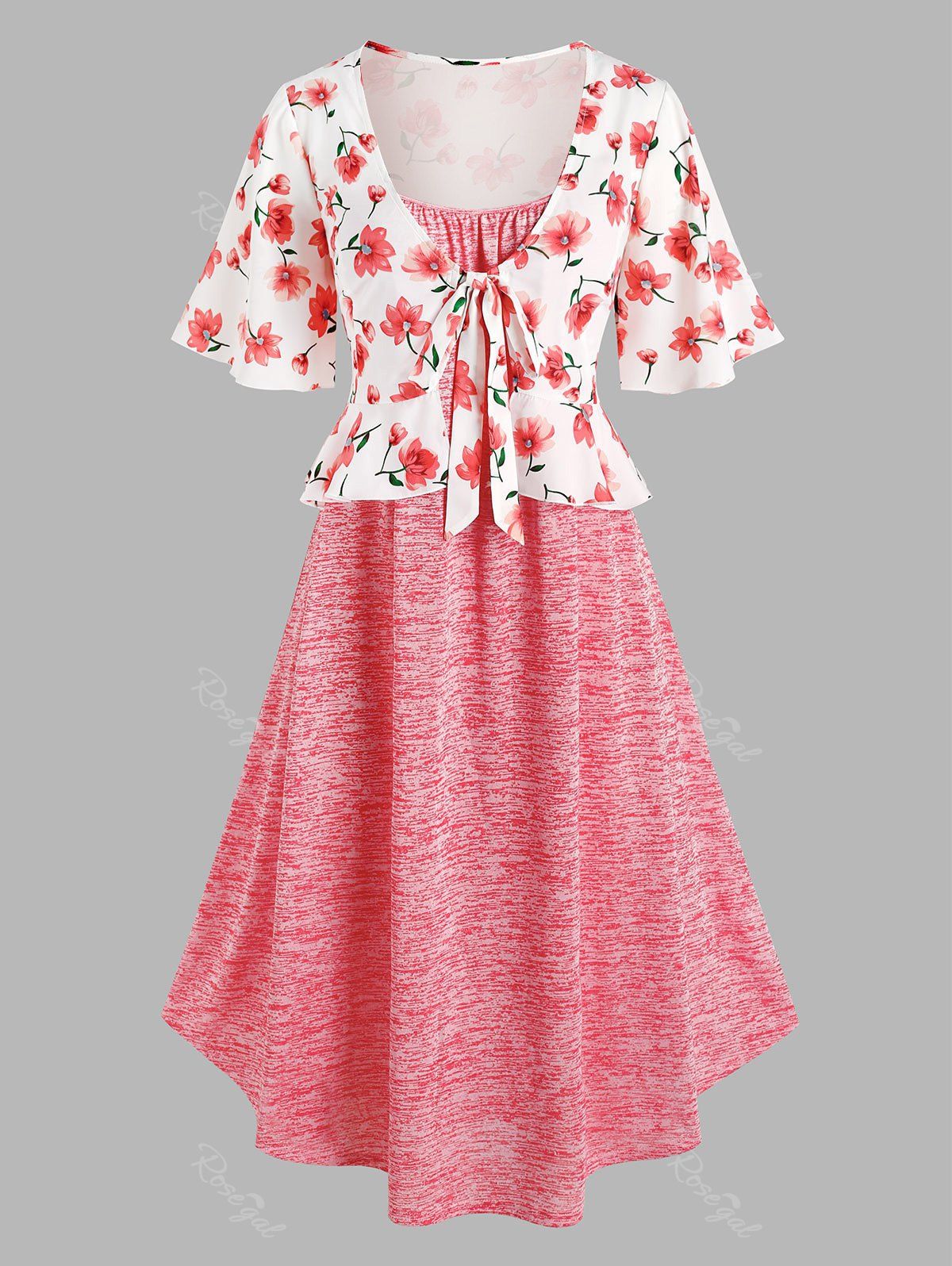Affordable Plus Size & Curve Cami Dress with Cottagecore Flower Tie Front Peplum Blouse  