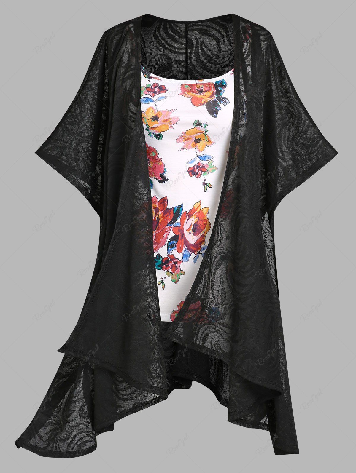 New Plus Size & Curve Floral Print Tank Top and Open Front Asymmetric Summer Cardigan  