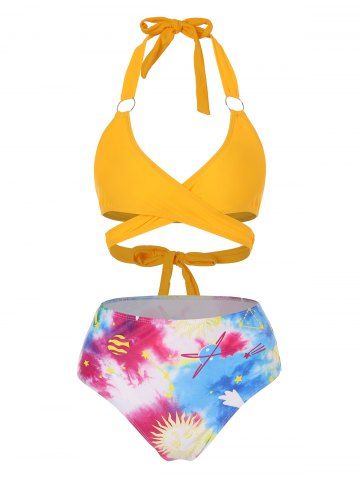 Galaxy Planet Sun Wrap High Waisted Bikini Swimwear - YELLOW - S