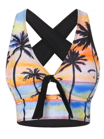 Palm Tree Knotted Criss Cross Back Swim Top - MULTI - S