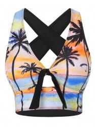 Palm Tree Knotted Criss Cross Back Swim Top -  
