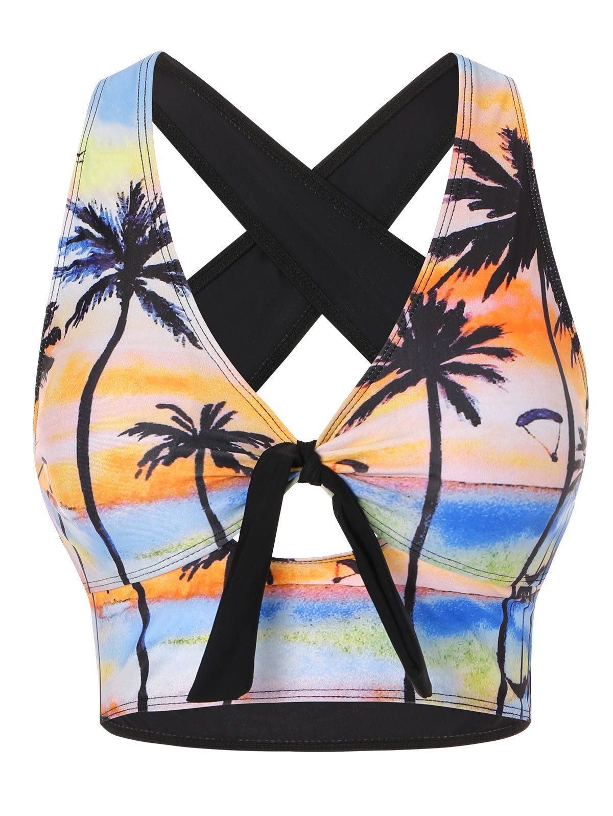 Shop Palm Tree Knotted Criss Cross Back Swim Top  