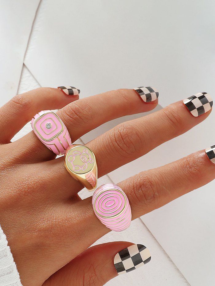 Buy 3 Pcs Geometric Bear Glazed Ring Set  