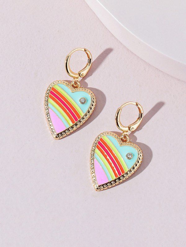 Trendy Metal Colorblock Glazed Heart Drop Earrings  
