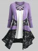 Plus Size Open Front Lace Panel Cardigan and Crisscross Tank Top -  