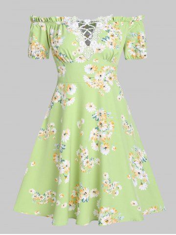 Ruffled Off The Shoulder Floral Print Mini Dress - LIGHT GREEN - M