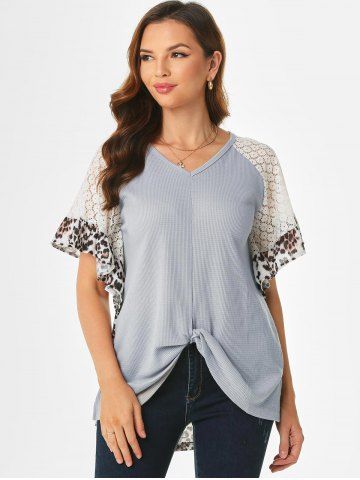 Leopard Lace Panel Textured Twisted Top - MULTI - S