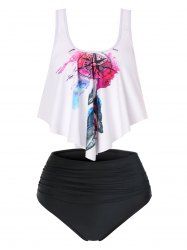 Feather Strappy Flounce Overlay Ruched High Waisted Tankini Swimwear -  