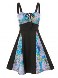 Mesh Insert Tie Dye Lace Up Godet Dress -  