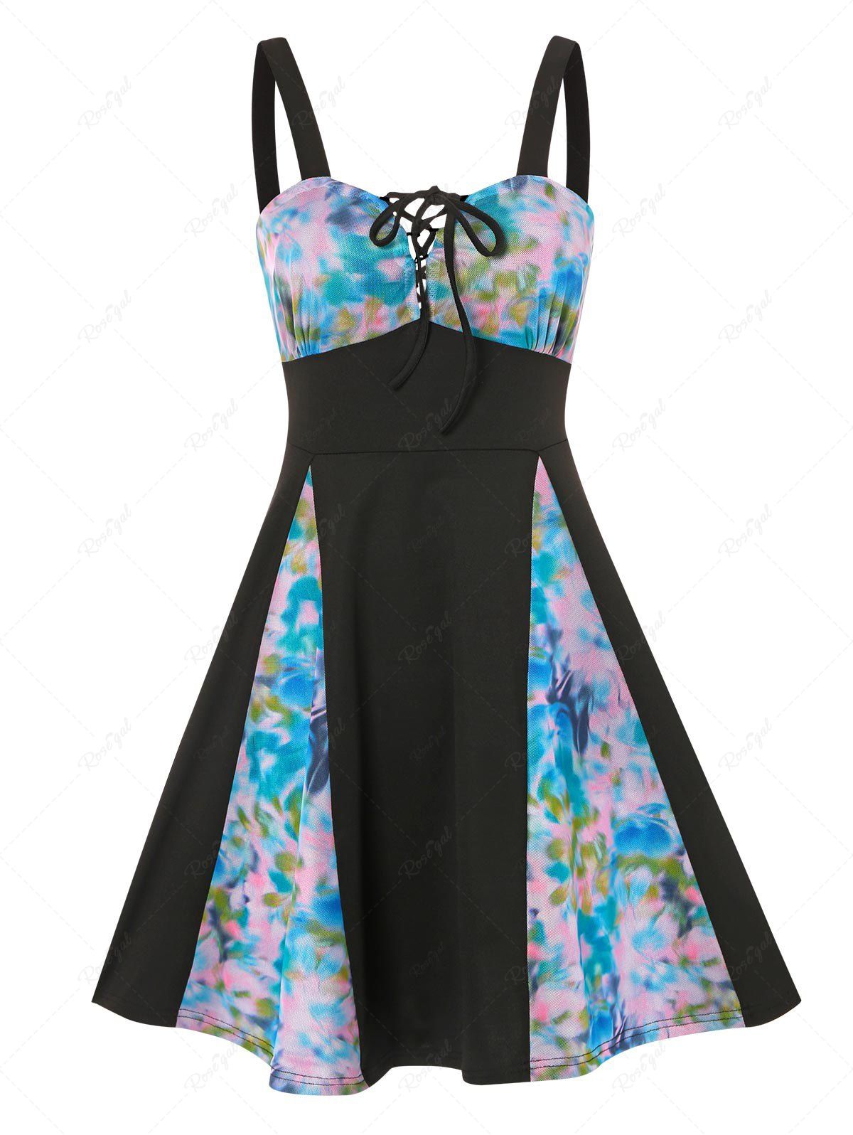 Latest Mesh Insert Tie Dye Lace Up Godet Dress  