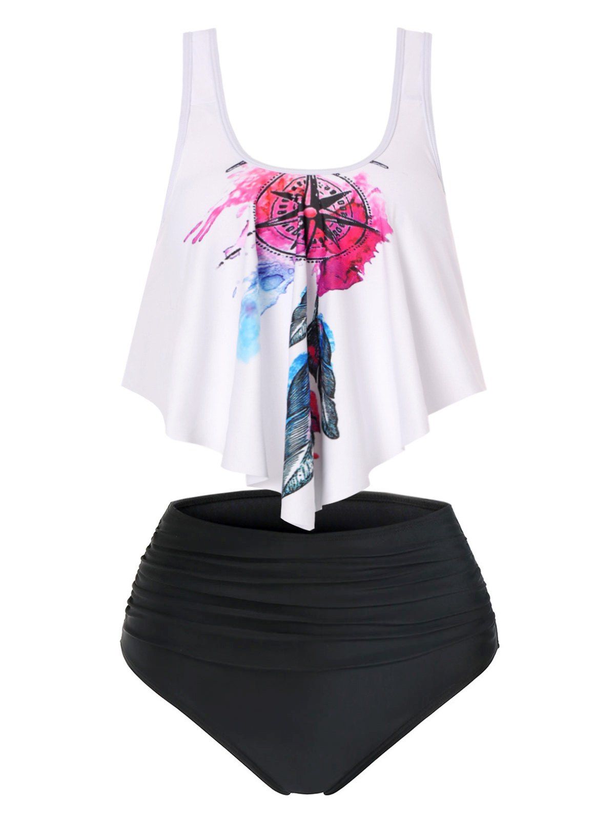 Outfits Feather Strappy Flounce Overlay Ruched High Waisted Tankini Swimwear  