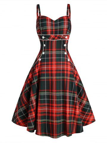 Plaid Button Embellished Sleeveless Rockabilly Style Dress - MULTI - S