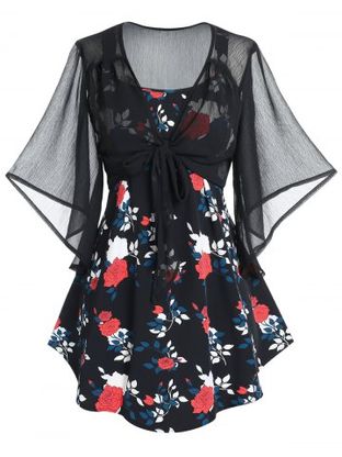 Plus Size & Curve Sheer Mesh Butterfly Sleeve Blouse and Floral Print Tank Top