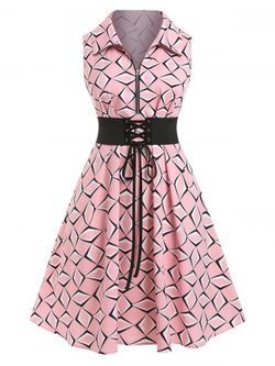 Plus Size Lace-up Geometric Print Zip A Line 1950s Dress - LIGHT PINK - 5X