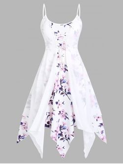 Plus Size & Curve Floral Overlay Hanky Hem Lace Up Cami Dress - WHITE - 4X
