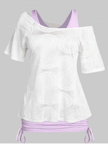 Ensemble de T-shirt Texturé Courbe de Grande Taille à Col Oblique et de Débardeur - WHITE - 1X | US 14-16