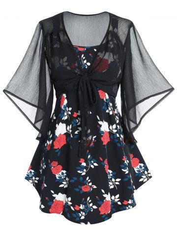 Plus Size & Curve Sheer Mesh Butterfly Sleeve Blouse and Floral Print Tank Top - BLACK - 1X | US 14-16