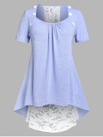 Plus Size Lace Insert High Low Tee - LIGHT BLUE - M | US 10