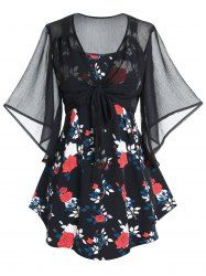 Plus Size & Curve Sheer Mesh Butterfly Sleeve Blouse and Floral Print Tank Top -  