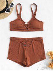 Metal Ring Ribbed Cut Out Tankini Swimwear -  