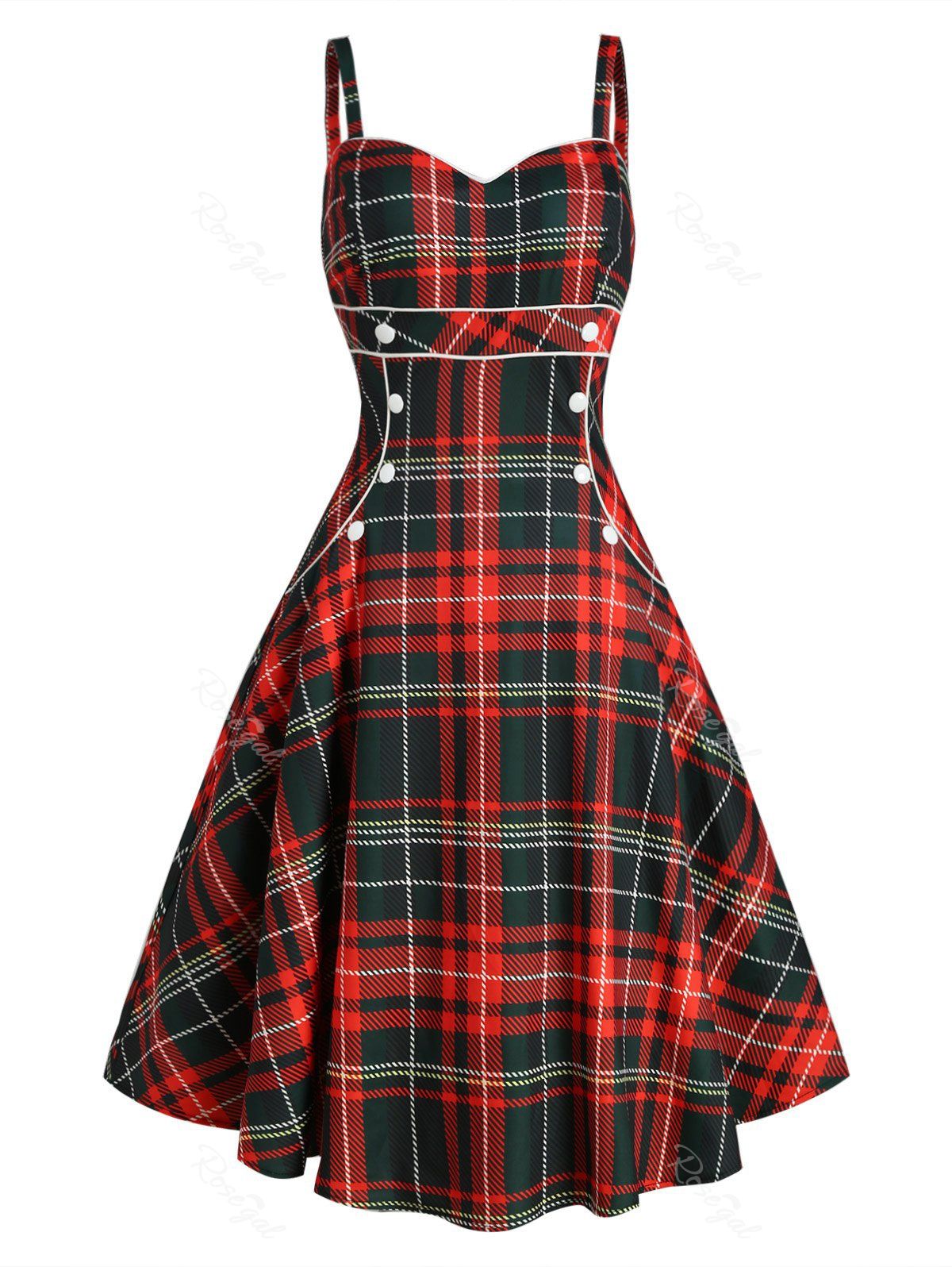 Discount Plaid Button Embellished Sleeveless Rockabilly Style Dress  