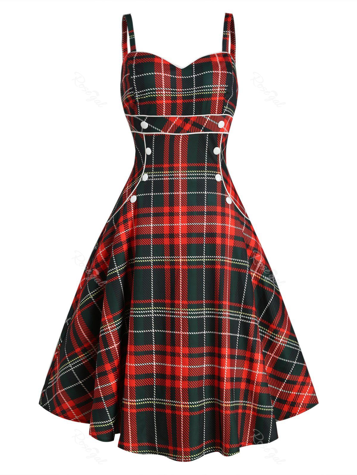 Cheap Plaid Button Embellished Sleeveless Rockabilly Style Dress  