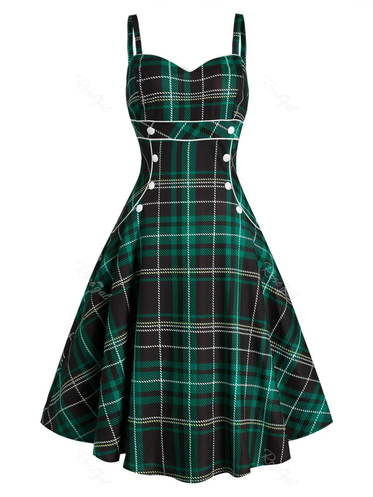 Outfit Plaid Button Embellished Sleeveless Rockabilly Style Dress  
