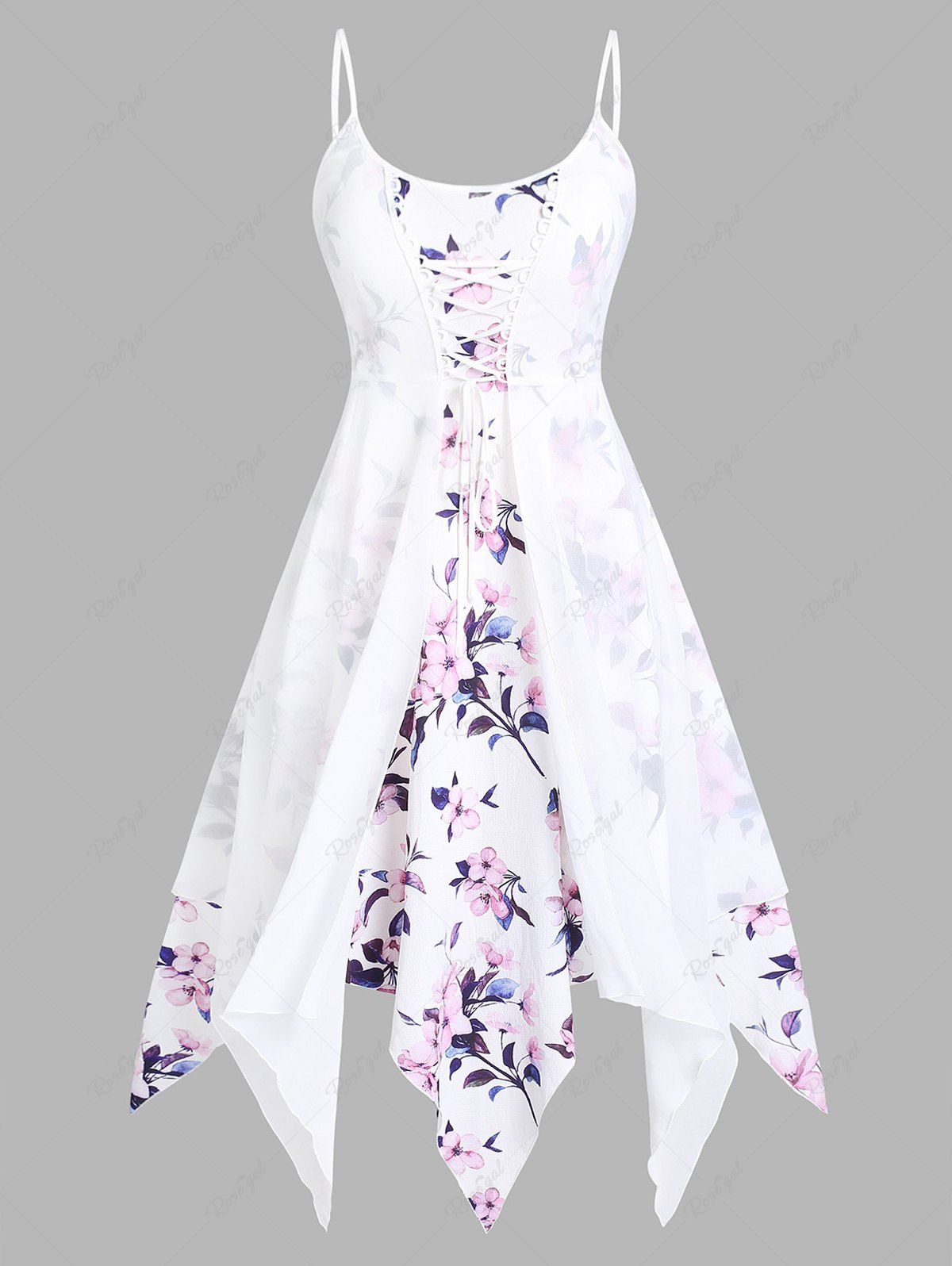 Robe Mouchoir Superposée Courbe Fleurie à Bretelle de Grande Taille à Lacets Blanc 5X