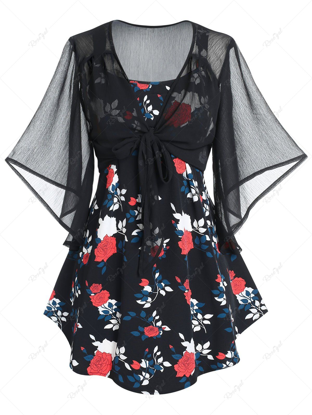 Discount Plus Size & Curve Sheer Mesh Butterfly Sleeve Blouse and Floral Print Tank Top  