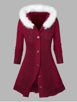 Plus Size Fuzzy Trim Hooded Cable Knit Cardigan - DEEP RED - 1X
