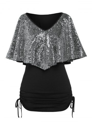 Plus Size & Curve Ruffled Overlay Cinched Side Sequins Tee - BLACK - 2X | US 18-20