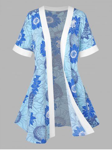 Plus Size Sunflower Print Open Kimono - LIGHT BLUE - L