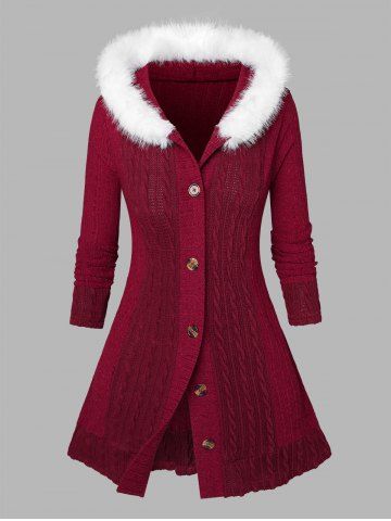 Plus Size Fuzzy Trim Hooded Cable Knit Cardigan - DEEP RED - M