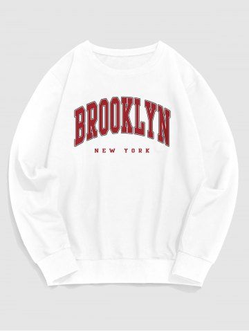 BROOKLYN Letter Print Casual Sweatshirt - WHITE - S