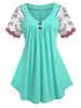 Plus Size Button Embroidered Lace Sleeve T Shirt -  