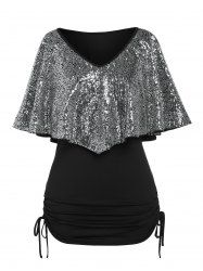 Plus Size & Curve Ruffled Overlay Cinched Side Sequins Tee -  