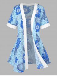 Plus Size Sunflower Print Open Kimono -  