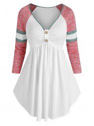 T-shirt Boutonné en Blocs de Couleurs à Manches Raglan - Rose  2XL