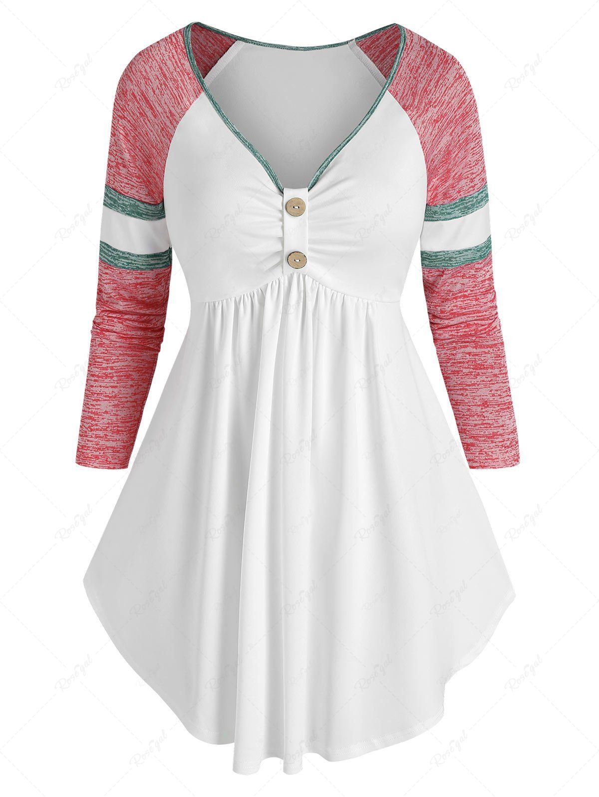 T-shirt Boutonné en Blocs de Couleurs à Manches Raglan Rose  2XL