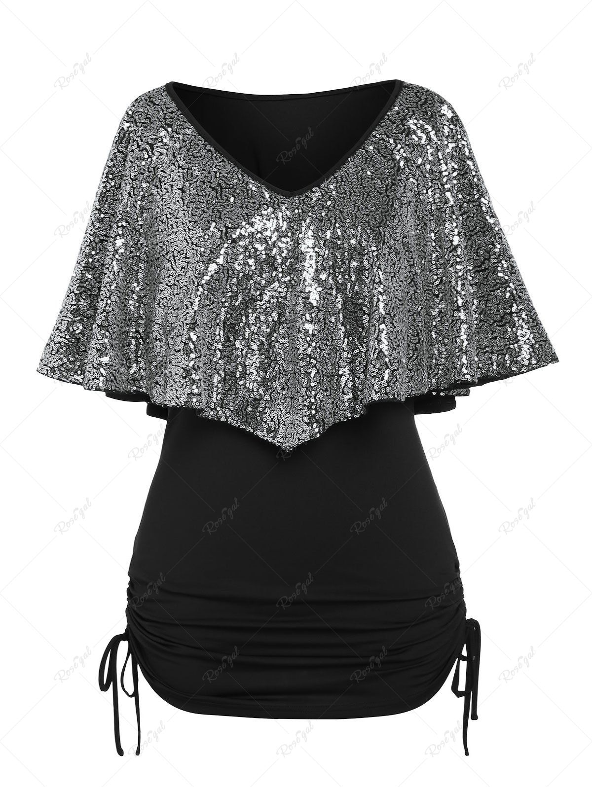 Discount Plus Size & Curve Ruffled Overlay Cinched Side Sequins Tee  
