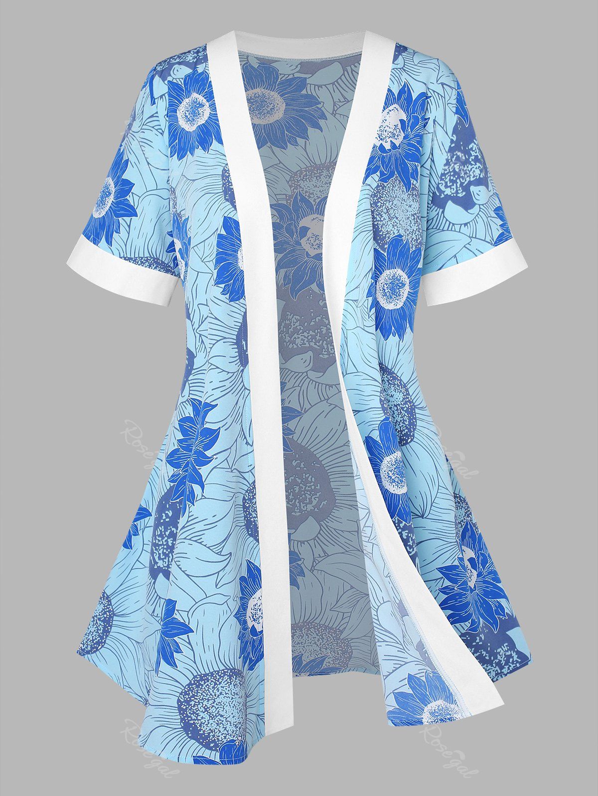 Kimono Ouvert à Imprimé Tournesol de Grande Taille Bleu clair 4X