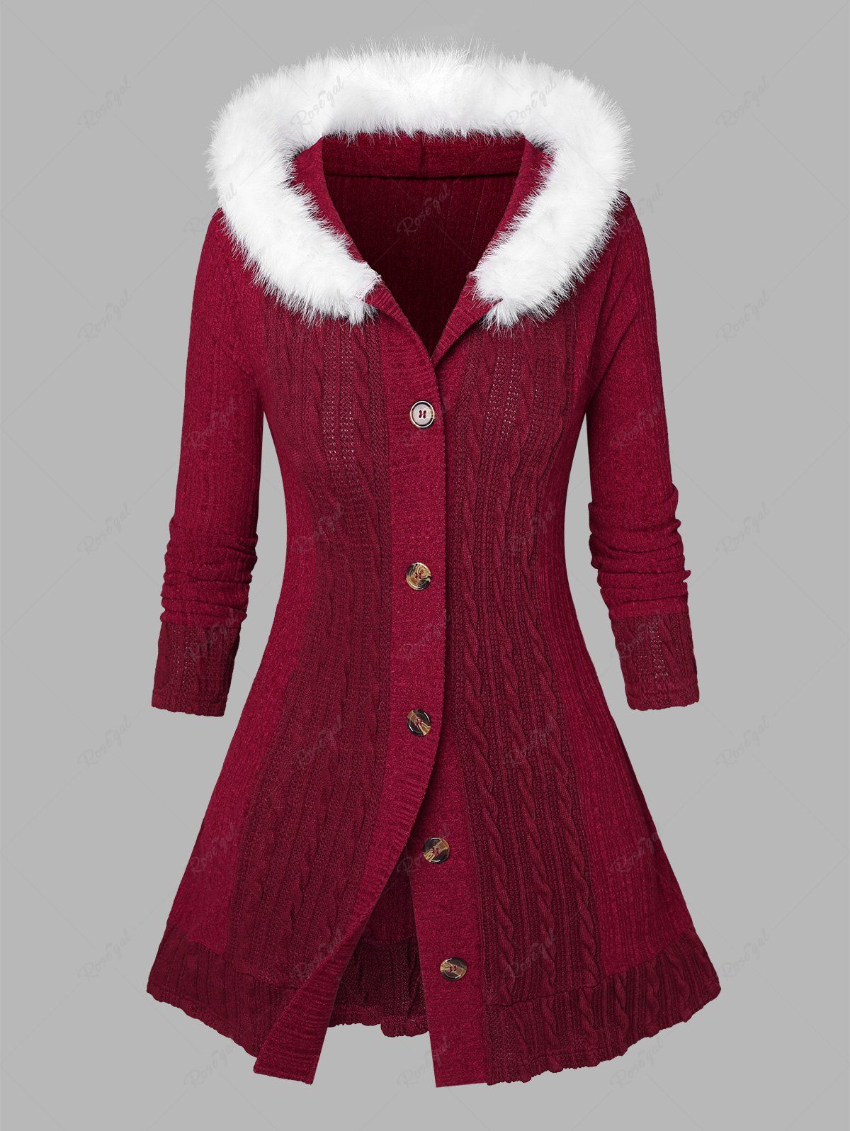 Online Plus Size Fuzzy Trim Hooded Cable Knit Cardigan  