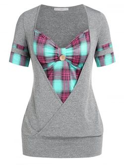 Plus Size & Curve Plaid Sweetheart Neck 2 in 1 Tee - DARK GRAY - 1X