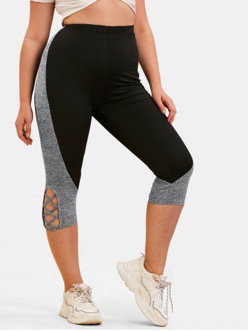 Black or grey Plus Size Casual Capri Leggings, Women's Plus Contrast Lace  Elastic High Waist Skinny Capri Leggings