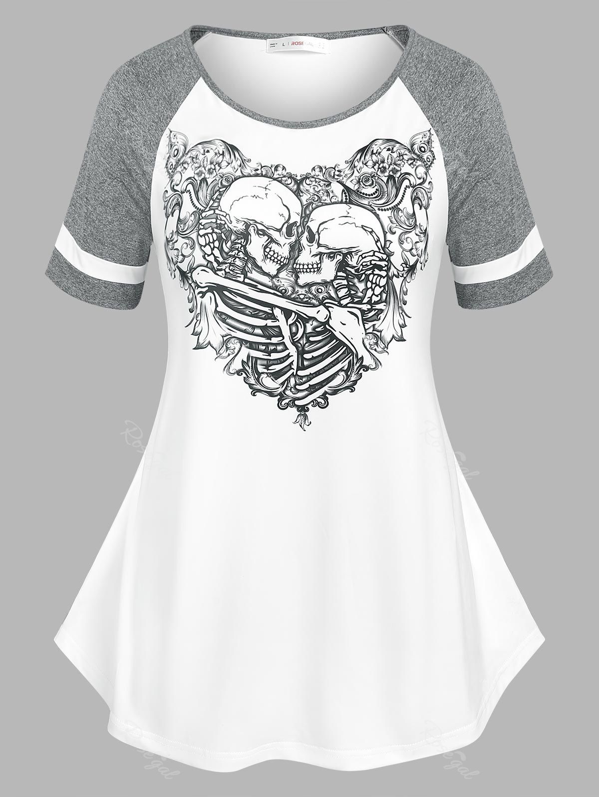 T-shirt Gothique Curve à Imprimé Squelette Fumeur à Manches Raglan Grande Taille Blanc 5X