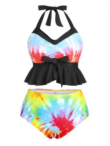 Plus Size Tie Dye Flounce Bowknot Peplum Tankini Swimwear