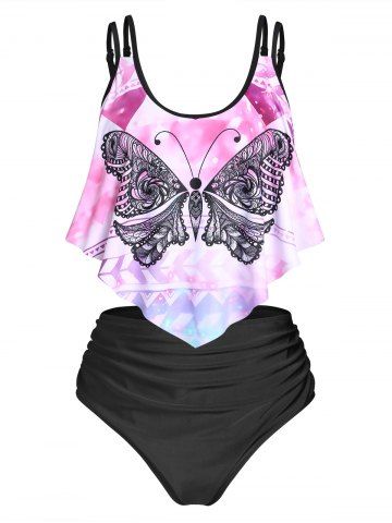 Plus Size & Curve Butterfly Tie Dye Bandana Hem Ruched Tankini Swimsuits - LIGHT PINK - 4X