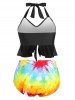 Plus Size Tie Dye Flounce Bowknot Peplum Tankini Swimwear -  